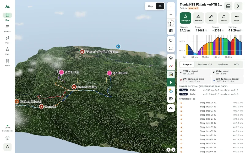 A mountain-bike route as a coloured ribbon over 3D terrain with satellite imagery and forests