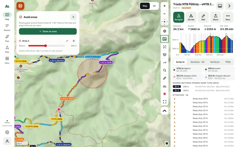 An avoid area drawn as a circle on the map next to a mountain-bike route, with the avoid areas list