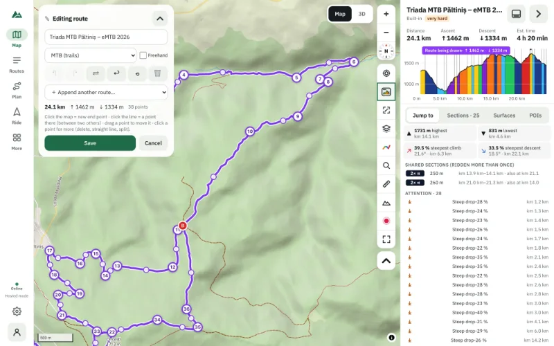 Editing a route in the route builder — waypoints and legs on a zoomed-in map