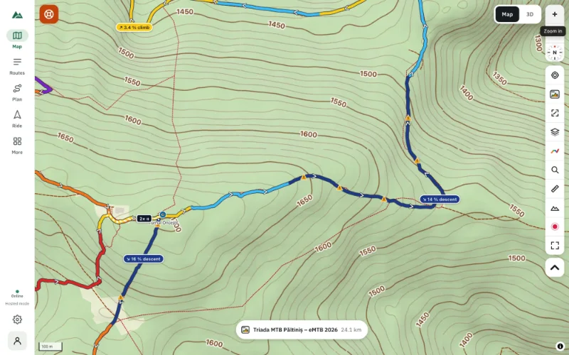 A topographic map with contour lines and height labels around a mountain-bike route