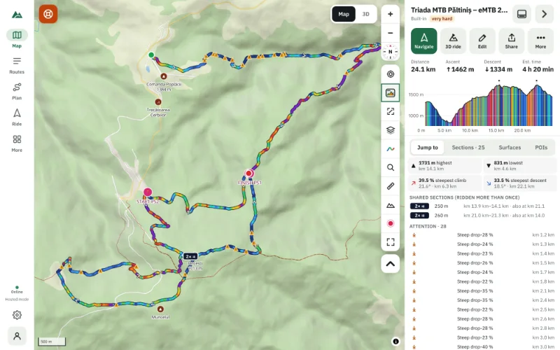 A mountain-bike route on the map with every stretch coloured by its gradient