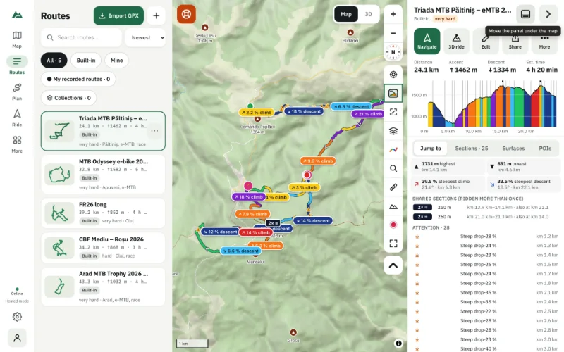 The route library beside the map, with routes, filters and collections