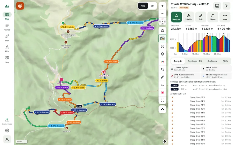 A mountain-bike route on the 2D map with its sections coloured and the route panel