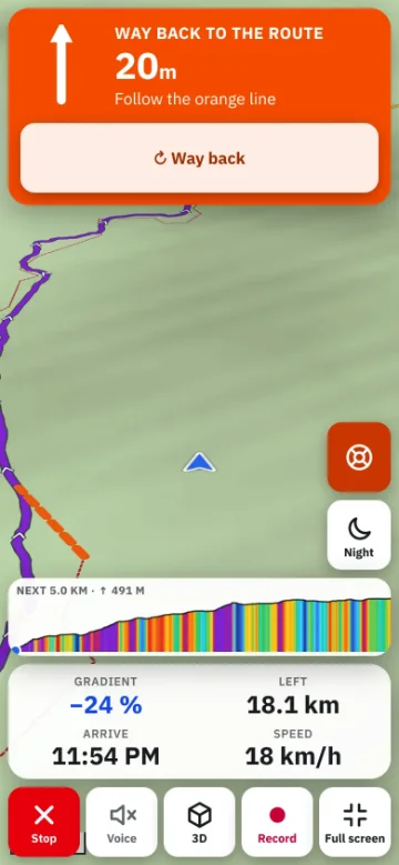 Bike GPS on a phone showing the off-route warning, the distance back to the route and an arrow