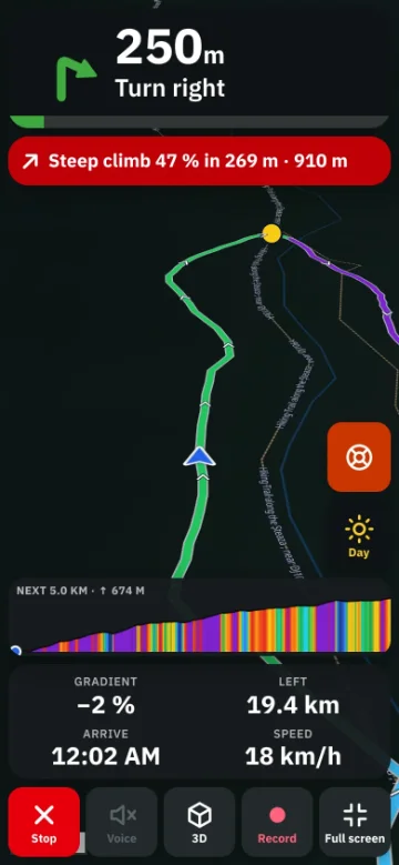 Bike GPS on a phone — the next turn with its distance, the map turning with you and the route ahead