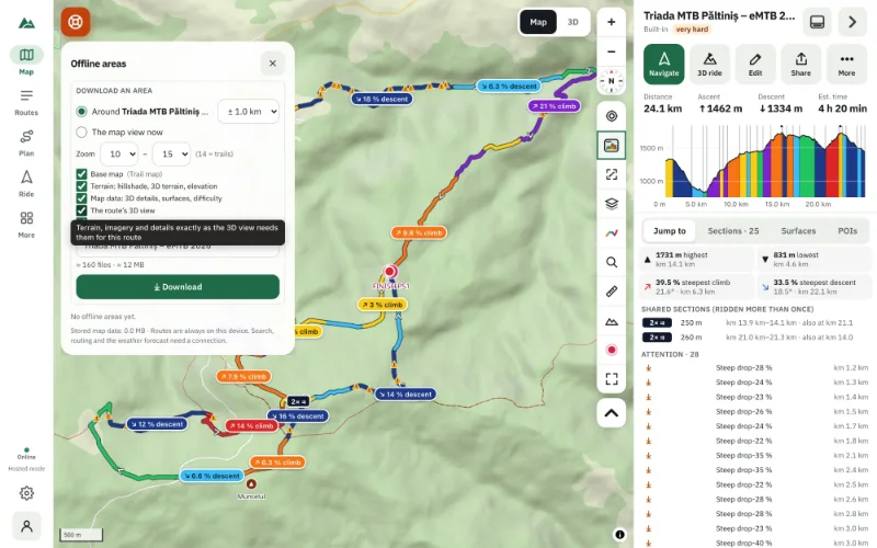 The offline areas panel — a corridor around the route, what to download, zoom levels and size