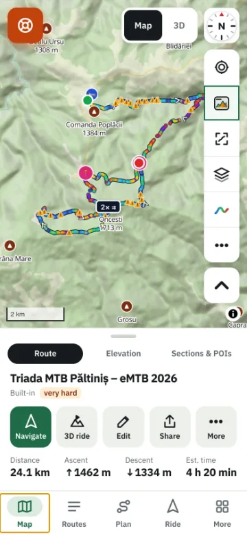 Peakuno on a phone — a route on the map with the route panel