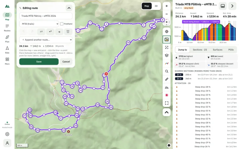 Editing a mountain-bike route in the route builder — waypoints and legs on the map, the builder panel on the side
