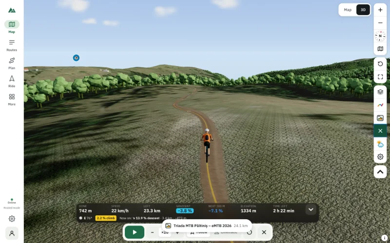 Ride mode in 3D — a rider on the trail with the gradient, the height and the next climb on screen