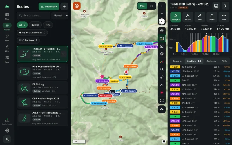A mountain-bike route on the map with its elevation profile, sections and statistics in Peakuno (dark theme)
