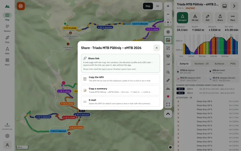 The share dialog for a route — download GPX, share, copy the GPX, copy a summary, e-mail