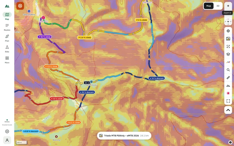 A topographic map with slope-steepness shading in four colours around a mountain-bike route